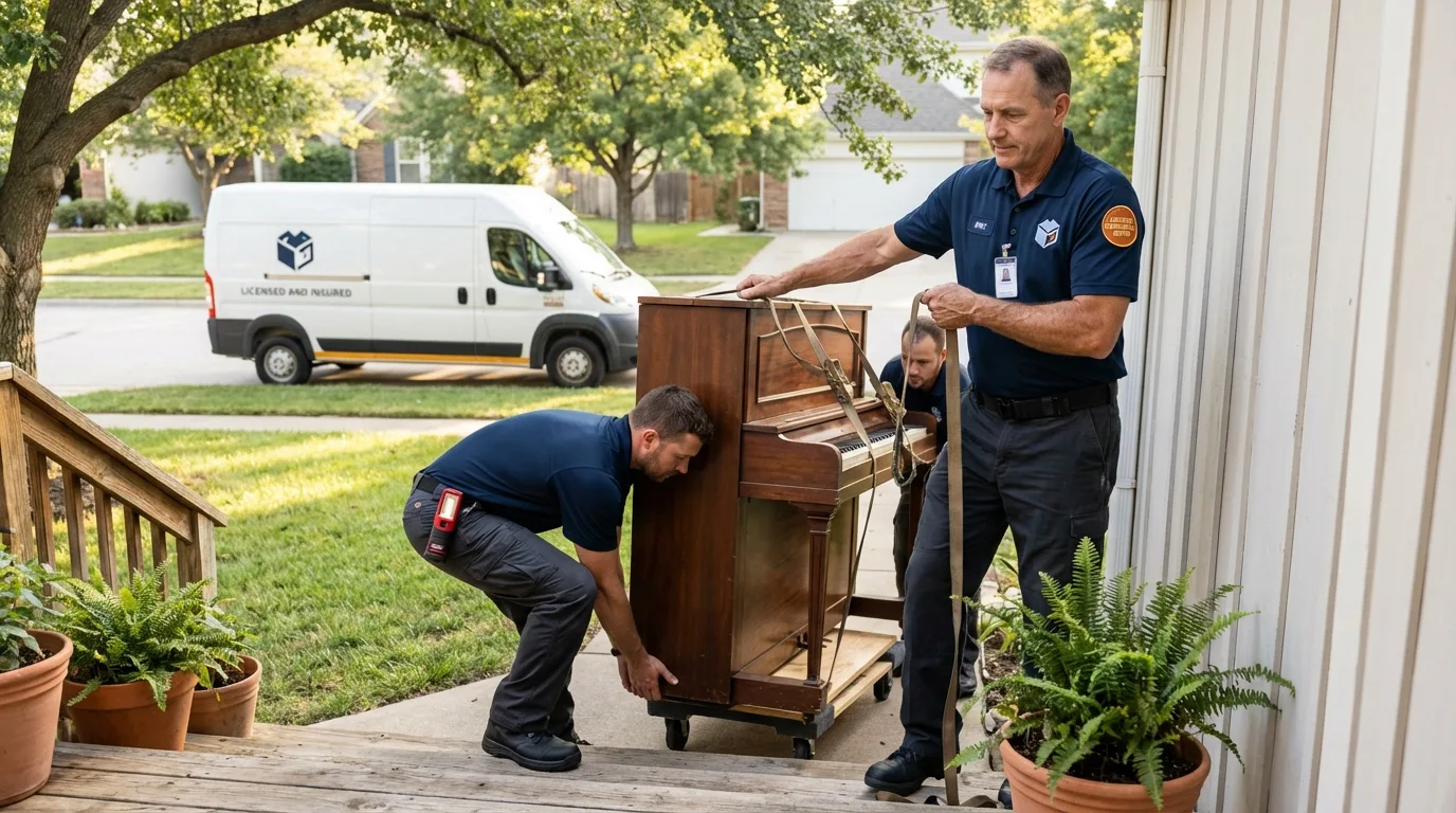 Licensed piano movers securing grand piano in Bronx, NY