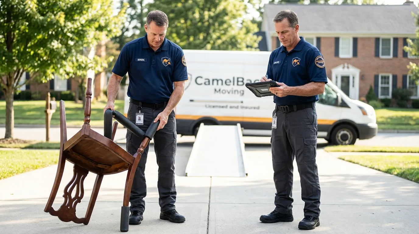 Movers inspecting furniture for damage prevention before loading in Bronx, NY