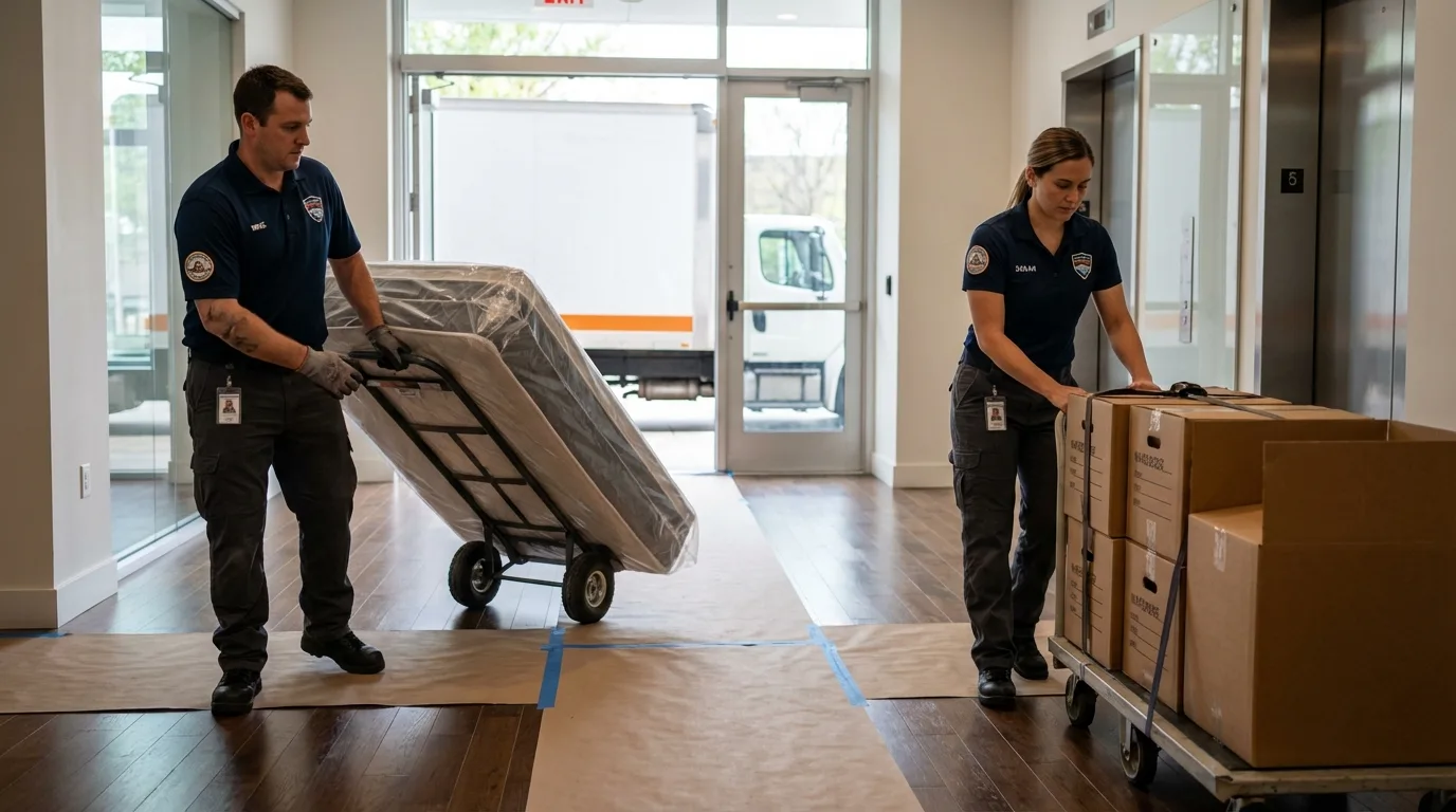 Professional apartment movers loading elevator in Bronx, NY