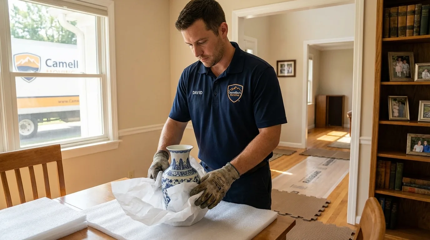 Professional crew carefully wrapping antique vase for senior downsizing move in Bronx, NY